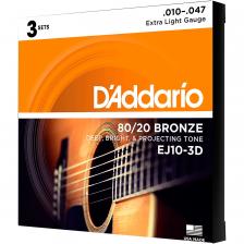 Струны D'Addario EJ10-3D 80/20 Bronze Extra Light для акустической гитары — 3 комплекта 10–47 Струны D'Addario EJ10-3D 80/20 Bronze Extra Light для акустической гитары — 3 комплекта 10–47