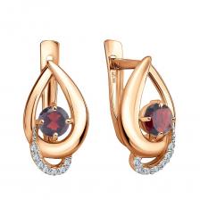 Золотые серьги с гранатом и фианитами с родированием Золотые серьги с гранатом и фианитами с родированием