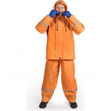 Костюм состоит из куртки и полукомбинезона. Обладает высокой износоустойчивостью. На рукавах в области локтя и на полукомбинезоне, в области колен имеются накладки прямоугольной формы. Костюм выполнен из нетканого материала плотностью 430 гр.м2 с поливинилхлоридное (ПВХ) покрытием. Ткань стойкая к действию воды, масел, нефтепродуктов, низких температур. Все швы костюма проклеены с лицевой стороны лентой ТПУ. Водоупорность: 16000 мм водного столба. Куртка прямого силуэта с застежкой на двухзамковую молнию и ветрозащитную планку на липучке. На рукавах и полукомбинезоне костюм оснащен светооражающей полосой шириной 25 мм, которая обеспечивает видимость пользователя в темное время суток или при низкой освещенности. На передней нагрудной части накладной карман с клапаном. Полукомбинезон фиксируется на фигуре с помощью регулируемых плечевых эластичных бретелей с полуавтоматической застёжкой. Подойдет для различных видов деятельности: строительство, работы на открытом воздухе, для моряков, нефтяников, работников коммунальных служб, для рыбалки, походов, для работ в саду или огороде. Уход за изделием: Сушить изделие рекомендуется в развешенном состоянии, не касаясь отопительных приборов. Не стирать, не отбеливать, не гладить, химчистка запрещена. Хранение: хранить в крытых помещениях, защищенных от прямого попадания солнечных лучей и атмосферных воздействий, при температуре не менее +5°C и не более +40°C, относительной влажности 50-60%, вдали от отопительных приборов (не менее 1 м). Костюм состоит из куртки и полукомбинезона. Обладает высокой износоустойчивостью. На рукавах в области локтя и на полукомбинезоне, в области колен имеются накладки прямоугольной формы. Костюм выполнен из нетканого материала плотностью 430 гр.м2 с поливинилхлоридное (ПВХ) покрытием. Ткань стойкая к действию воды, масел, нефтепродуктов, низких температур. Все швы костюма проклеены с лицевой стороны лентой ТПУ. Водоупорность: 16000 мм водного столба. Куртка прямого силуэта с застежкой на двухзамковую молнию и ветрозащитную планку на липучке. На рукавах и полукомбинезоне костюм оснащен светооражающей полосой шириной 25 мм, которая обеспечивает видимость пользователя в темное время суток или при низкой освещенности. На передней нагрудной части накладной карман с клапаном. Полукомбинезон фиксируется на фигуре с помощью регулируемых плечевых эластичных бретелей с полуавтоматической застёжкой. Подойдет для различных видов деятельности: строительство, работы на открытом воздухе, для моряков, нефтяников, работников коммунальных служб, для рыбалки, походов, для работ в саду или огороде. Уход за изделием: Сушить изделие рекомендуется в развешенном состоянии, не касаясь отопительных приборов. Не стирать, не отбеливать, не гладить, химчистка запрещена. Хранение: хранить в крытых помещениях, защищенных от прямого попадания солнечных лучей и атмосферных воздействий, при температуре не менее +5°C и не более +40°C, относительной влажности 50-60%, вдали от отопительных приборов (не менее 1 м).