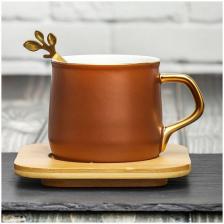 Кружка Золотой Росток с деревянным блюдцем и ложкой, чайная пара, чашка с блюдцем подарочная Эврика (медный, 290 мл) женская, мужская для кофе на 14 февраля, 8 марта Кружка Золотой Росток с деревянным блюдцем и ложкой, чайная пара, чашка с блюдцем подарочная Эврика (медный, 290 мл) женская, мужская для кофе на 14 февраля, 8 марта