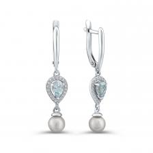 Серебряные серьги с жемчугом и топазами с фианитами и родированием Серебряные серьги с жемчугом и топазами с фианитами и родированием