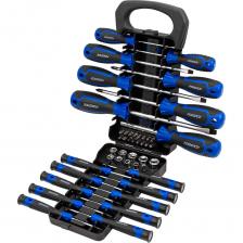 Набор отверток и бит Forsage — практичное решение для дома, мастерской или гаража. Универсальный комплект из 44 предметов, предназначенный для бытового, технического и полупрофессионального применения. Он включает классические и прецизионные отвертки, биты, торцевые головки, магнитный держатель и адаптер. Все элементы удобно размещены в прочном пластиковом кейсе с ручкой, обеспечивающем порядок и мобильность. Благодаря разнообразию насадок и эргономичным рукояткам, набор подходит как для точных работ, так и для сборки мебели, ремонта техники и других задач.Преимущества комплектации7 классических отверток — Плоские SL, крестообразные PH позволяют работать с крепежом разного размера и глубины, включая труднодоступные участки.10 прецизионных мини-отверток — Плоские, крестовые и Torx (T5–T9) Идеальны для точных работ с электроникой, часами, очками и мелкими механизмами.9 торцевых головок (5–13 мм) Расширяют возможности набора: можно работать с болтами и гайками разных размеров.16 бит длиной 25 мм — SL, PH, PZ, Torx Охватывают все популярные типы шлицов, включая редкие размеры (PH3, PZ3, T35).Магнитный держатель и адаптер Упрощают работу с битами, обеспечивают быструю смену насадок и совместимость с другими инструментами.Прямая двухкомпонентная рукоятка с противоскользящим покрытием Обеспечивает комфортный и надёжный захват, особенно при длительной работе, а её прямая форма универсальна для большинства задач, где требуется точное усилие и контроль. Набор отверток и бит Forsage — практичное решение для дома, мастерской или гаража. Универсальный комплект из 44 предметов, предназначенный для бытового, технического и полупрофессионального применения. Он включает классические и прецизионные отвертки, биты, торцевые головки, магнитный держатель и адаптер. Все элементы удобно размещены в прочном пластиковом кейсе с ручкой, обеспечивающем порядок и мобильность. Благодаря разнообразию насадок и эргономичным рукояткам, набор подходит как для точных работ, так и для сборки мебели, ремонта техники и других задач.Преимущества комплектации7 классических отверток — Плоские SL, крестообразные PH позволяют работать с крепежом разного размера и глубины, включая труднодоступные участки.10 прецизионных мини-отверток — Плоские, крестовые и Torx (T5–T9) Идеальны для точных работ с электроникой, часами, очками и мелкими механизмами.9 торцевых головок (5–13 мм) Расширяют возможности набора: можно работать с болтами и гайками разных размеров.16 бит длиной 25 мм — SL, PH, PZ, Torx Охватывают все популярные типы шлицов, включая редкие размеры (PH3, PZ3, T35).Магнитный держатель и адаптер Упрощают работу с битами, обеспечивают быструю смену насадок и совместимость с другими инструментами.Прямая двухкомпонентная рукоятка с противоскользящим покрытием Обеспечивает комфортный и надёжный захват, особенно при длительной работе, а её прямая форма универсальна для большинства задач, где требуется точное усилие и контроль.