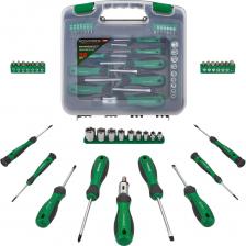 Универсальный набор инструментов от бренда Rockforce, включающий трещотку, отвертки, прецизионные отвертки, биты, головки и адаптер. Идеально подходит для слесарных, монтажных и ремонтных работ дома, в мастерской и на производстве.4 стандартные отвертки (SL и PH) Подходят для большинства бытовых и слесарных задач. Разные длины (75 и 100 мм) обеспечивают удобство работы в ограниченных пространствах и с крупными крепежами.13 бит с популярными шлицами (SL, PH, PZ, S) Позволяют работать с разнообразными типами крепежа, включая крестообразные, шлицевые и специальные профили. Универсальность без необходимости докупать дополнительные насадки.9 торцевых головок (от 5 до 13 мм) Расширяют возможности набора: можно работать с болтами и гайками разных размеров, включая автомобильные и мебельные соединения.Широкий ассортимент насадок: Позволяет выполнять разнообразные задачи с различными типами крепежа.Эргономичные рукоятки: Обеспечивают надежный захват и комфорт при работе.Трещотка: Ускоряет работу с крепежом.Адаптер: Позволяет использовать биты с различными инструментами.Хранение:Все элементы аккуратно размещены в прочном пластиковом кейсе, что обеспечивает удобство хранения и транспортировки.Этот универсальный набор инструментов — надежный помощник для выполнения различных задач, обеспечивающий комфорт и эффективность в работе. Универсальный набор инструментов от бренда Rockforce, включающий трещотку, отвертки, прецизионные отвертки, биты, головки и адаптер. Идеально подходит для слесарных, монтажных и ремонтных работ дома, в мастерской и на производстве.4 стандартные отвертки (SL и PH) Подходят для большинства бытовых и слесарных задач. Разные длины (75 и 100 мм) обеспечивают удобство работы в ограниченных пространствах и с крупными крепежами.13 бит с популярными шлицами (SL, PH, PZ, S) Позволяют работать с разнообразными типами крепежа, включая крестообразные, шлицевые и специальные профили. Универсальность без необходимости докупать дополнительные насадки.9 торцевых головок (от 5 до 13 мм) Расширяют возможности набора: можно работать с болтами и гайками разных размеров, включая автомобильные и мебельные соединения.Широкий ассортимент насадок: Позволяет выполнять разнообразные задачи с различными типами крепежа.Эргономичные рукоятки: Обеспечивают надежный захват и комфорт при работе.Трещотка: Ускоряет работу с крепежом.Адаптер: Позволяет использовать биты с различными инструментами.Хранение:Все элементы аккуратно размещены в прочном пластиковом кейсе, что обеспечивает удобство хранения и транспортировки.Этот универсальный набор инструментов — надежный помощник для выполнения различных задач, обеспечивающий комфорт и эффективность в работе.