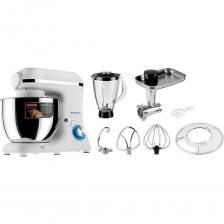 Многофункциональный кухонный комбайн совмещает в себе функции нескольких приборов: миксера, блендера и мясорубки. Миксер укомплектован тремя насадками: венчиком для взбивания, насадкой для перемешивания и крюком для теста. Перемешивание происходит в большой чаше (7 л), выполненной из нержавеющей стали и укомплектованной пластиковой защитной крышкой. Мясорубка снабжена тремя решетками с отверстиями разного диаметра. Пластиковый толкатель, выполненный в черном цвете, является контейнером для хранения решеток и ножа для мясорубки. Блендер состоит из прочной стеклянной чаши (1.5 л), пластиковой крышки с мерным колпачком и ножей из нержавеющей стали. Многофункциональный кухонный комбайн совмещает в себе функции нескольких приборов: миксера, блендера и мясорубки. Миксер укомплектован тремя насадками: венчиком для взбивания, насадкой для перемешивания и крюком для теста. Перемешивание происходит в большой чаше (7 л), выполненной из нержавеющей стали и укомплектованной пластиковой защитной крышкой. Мясорубка снабжена тремя решетками с отверстиями разного диаметра. Пластиковый толкатель, выполненный в черном цвете, является контейнером для хранения решеток и ножа для мясорубки. Блендер состоит из прочной стеклянной чаши (1.5 л), пластиковой крышки с мерным колпачком и ножей из нержавеющей стали.
