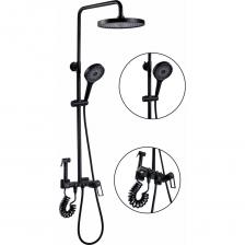 A2483-7 душевая стойка чёрный смеситель: латунь, картридж D=35 мм излив: встроенный в корпус аэратор дивертор: кнопочный 4-х ходовой установочный комплект + штанга: сталь SUS201, H=660-1100 мм, чёрный верхняя лейка: ABS пластик, D=250 мм, антикальк, чёрный ручная лейка: ABS пластик D=130 мм, 2 режима, антикальк, чёрный шланг: L=1500 мм, оплётка сталь SUS201, чёрный гигиеническая лейка со спиральным шлангом, чёрный A2483-7 душевая стойка чёрный смеситель: латунь, картридж D=35 мм излив: встроенный в корпус аэратор дивертор: кнопочный 4-х ходовой установочный комплект + штанга: сталь SUS201, H=660-1100 мм, чёрный верхняя лейка: ABS пластик, D=250 мм, антикальк, чёрный ручная лейка: ABS пластик D=130 мм, 2 режима, антикальк, чёрный шланг: L=1500 мм, оплётка сталь SUS201, чёрный гигиеническая лейка со спиральным шлангом, чёрный