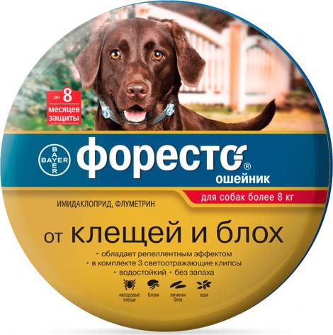 Bayer Ошейник для собак ФОРЕСТО от 8кг от клещей, блох и вшей, защита 8 месяцев 70см Bayer Ошейник для собак ФОРЕСТО от 8кг от клещей, блох и вшей, защита 8 месяцев 70см