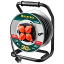 Удлинитель на катушке Kraftool 55086-30, 4 розетки, с/з, 16А / 4000 Вт 4 30 м 2.5 кв. мм черный/красный