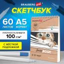 Блокнот-Скетчбук, белая бумага 100г/м2, 140х201мм, 60л, гребень, жёст. подложка, BRAUBERG ART DEBUT, Котик, 115062