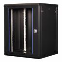 Высота: 15U Ширина: 600 мм Глубина: 600 мм Полезная глубина: 540 мм Дверь: стекло Угол открытия передней двери: 230°. Распределенная нагрузка до 100 кг Степень защиты IP: 20. Климатическое исполнение: от -10 до +75 °С УХЛ 4.2 по ГОСТ 15150–69 Цветовое исполнение корпуса: черный RAL 9005 Цвет вставок на стеклянной двери: RAL 5026