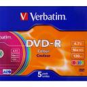 Оптический диск DVD-R Verbatim 4.7ГБ 16x, 5шт., slim case, разноцветные [43557]