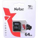 Карта памяти Netac microSDXC 64 ГБ Class 10, V30, UHS-I U1, R/W 30/15 МБ/с, адаптер на SD, RU, 1 шт., черный/красный