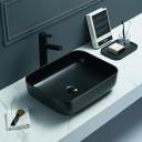 Раковина керамичеcкая накладная для установки на столешницуМонтаж смесителя на раковину не предусмотренДонный клапан преобретается отдельноБез готовых отверстий под смесительЦвет черный