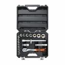 Компактный автомобильный набор инструментов SSP 20 для монтажа и демонтажа крепежа. Можно использовать набор инструментов для автомобиля в гараже, либо для бытовых задач дома. Набор инструментов автомобильный включает в себя 20 предметов из высококачественной хромованадиевой стали (Cr-V). Хромированное покрытие препятствует образованию коррозии и ржавчины. Реверсивная трещотка (72 зуба, шаг 5 градусов) с кнопкой быстрого съема головки. Двухкомпонентная рукоятка имеет насечки, подпальцевые выемки и резиновые вставки для снижения нагрузки на запястье. Набор головок предназначен для работы с резьбовыми соединениями. Шарнир карданный, удлинители, адаптер-переходник для работы в труднодоступных местах и стесненных условиях. Все инструменты и оснастка аккуратно расположены в ложементах внутри ударопрочного фирменного пластикового кейса, который крепко закрывается на два металлических зажимных замка-защелки. Легко поместится в багажник.