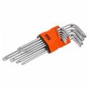 Набор длинных ключей STARTUL Torx T10-T50, 9 предметов PRO-87109 предназначен для работы с крепежом, оснащенным шлицом Tamper-Resistant Torx (звездочкой с отверстием под направляющую). При работе в труднодоступных местах удлиненный конец используется как рабочий. Ключи выполнены из высококачественной хромованадиевой стали, что обеспечивает прочность и долговечность. Хромоникелевое покрытие и финишное сатинирование гарантируют защиту от коррозии и стойкость к износу. Эргономичный пластиковый футляр позволяет удобно хранить ключи.