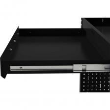 Тележка инструментальная Metalex Тип 2 А с выдвижным ящиком и боковыми панелями- это универсальная и удобная тележка, которая поможет Вам организовать хранение и перемещение Ваших инструментов внутри цеха или гаража. Главная особенность тележек Metalex – это возможность регулировки высоты установки всех полок. Перфорация на стойках сделана с шагом 25 мм. А так же, на все тележки Metalex можно установить большое количество различных аксессуаров.. Тележка укомплектована выдвижным ящиком на шариковых направляющих под верхней полкой На данных тележках устанавливаются две торцевые перфопанели, что значительно расширяет возможности хранения. Большое количество полезных аксессуаров мы уже положили в комплект. Но Вы всегда выбрать и доустановить, необходимые именно Вам, из линейки аксессуаров Metalex. Тележка выдерживает нагрузку до 150 кг., а каждая полка до 75 кг. Высота бортика у полок – 50 мм. На тележке установлены два колеса с углом поворота 360 градусов и два колеса, с таким же углом порота, но со стопорным механизмом. Все тележки Metalex окрашены порошковой краской, которая защитит изделие на долгие годы, даже во время интенсивной эксплуатации.