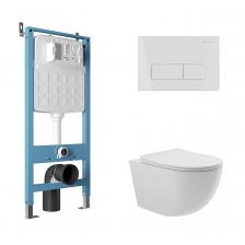 Комплект Aqueduto AQDS112 Унитаз подвесной Ovo безободковый, с микролифтом + Система инсталляции для унитазов Tecnica Novo + Кнопка смыва Forma белая глянцевая