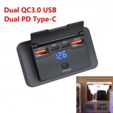 4-портовое автомобильное зарядное устройство, адаптер, розетка Dual QC3.0 USB Dual PD Type-C с переключателем и светодиодным вольтметром для автобуса, лодки, грузовика, автофургона, квадроцикла