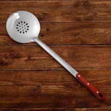 Шумовка для казана Шафран, 48 см, диаметр 13 см, узбекская, с деревянной ручкой, металл, серебристая