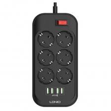 Perfeo LDNIO SE6403/ Сетевой удлинитель 2м + ЗУ на 4 USB/ 6 розеток (медь) - 2500W/ USB - 17W/ Black&Gray [LD_B4436]
