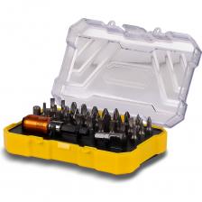 БИТЫ ИЗ ХРОМОВАНАДИЕВОЙ СТАЛИ Cr-V: обеспечивают прочность, износостойкость и устойчивость к коррозии — подходят для активной работы в бытовых и профессиональных условиях.УНИВЕРСАЛЬНОСТЬ: 30 бит длиной 25 мм с посадкой 6,35 мм включают популярные профили PH, PZ, SL, HEX и T — подходят для большинства видов крепежа.ПЕРЕХОДНИК: позволяет работать с торцевыми ключами и головками — расширяет возможности инструмента.БИТОДЕРЖАТЕЛЬ: ускоряет установку и замену оснастки, обеспечивая надежную фиксацию.УДОБНЫЙ ПЛАСТИКОВЫЙ КЕЙС: прочный компактный футляр с прозрачной крышкой, защелкой и выдвижным держателем для подвеса — удобно для хранения и транспортировки.