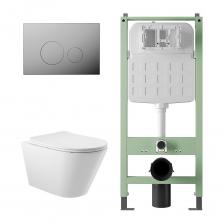 Комплект Alentori Инсталляция SITEMA, Панель смыва с круглыми кнопками, хром + Унитаз подвесной 525*360 безободковый, сиденье Soft-Close, белый глянцевый, форма конус ALS.SIS1101.CRC0110