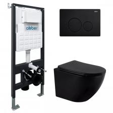 Комплект Abber Bequem AC1100MB-AC0105-AC0121MB, Унитаз подвесной безободковый, с микролифтом + Система инсталляции + Кнопка смыва черная матовая