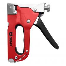 Степлер строительный GRAFF - надежное и удобное решение для крепления к поверхностям из дерева, ДВП, пластика различных материалов, таких как ткань, кожа, картон, пленочные и изоляционные покрытия, ковровые изделия и т.д. Степлер имеет прочную и надежную металлическую конструкцию, которая обеспечивает длительный срок службы и высокую износостойкость. Для предотвращения скольжения во время работы степлера, он оснащен противоскользящей резиновой вставкой и рукояткой с эргономичным покрытием. Кроме того, степлер имеет фиксатор безопасного положения рукоятки, который предотвращает случайное срабатывание и обеспечивает безопасность использования. Степлер обладает функцией регулировки силы удара, что позволяет легко и точно закрепить материал без риска его повреждения. Данный степлер подходит для использования 4 типов скоб:Скобы типа 140 (толщина – 1,2 мм; ширина – 10,6/11,3 мм; высота – 4-14 мм)Кабельные скобы тип 28 (толщина -1,2 мм; ширина – 6,3 мм; высота – 10-12 мм) - предназначены для фиксации кабеля диаметром до 4,5 мм к деревянным и пластиковым панелямГвозди тип 300 (толщина -1,2 мм; ширина – 2 мм; высота – 10-14 мм) - отлично соединяют между собой дерево, пластик, ДВП листыШтифты тип 500 (толщина -1,2 мм; ширина – 1мм; высота – 10-14 мм) – предназначены для создания незаметного и потайного соединения заготовок из дерева, пластика, ДВПСтроительный степлер 4 в 1- это идеальный инструмент для профессионалов и любителей