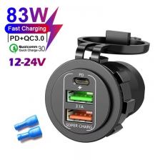 Автомобильное зарядное устройство, розетка, двойная розетка QC3.0 USB и двойная розетка PD3.0 для быстрой зарядки со светодиодным вольтметром, водонепроницаемая для автомобилей 12-24 В
