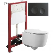 Подвесной безободковый унитаз с инсталляцией и кнопкой смыва от немецкого бренда Agger - функциональное и эргономичное решение. Материал унитаза санфарфор отличается беспористой структурой, высокой прочностью и стойкостью к появлению пятен, что позволит сохранить первоначальный вид изделия на долгие годы использования. Обтекаемая форма корпуса не позволяет скапливаться пыли. Мощный каскадный смыв - подарит комфорт при эксплуатации. Безободковая модель - отсутствие недоступных областей для уборки обеспечит простой уход и отсутствие посторонних запахов. В комплекте быстросъемная крышка-сиденье с функцией плавного закрывания Soft-close, сиденье изготовлено из прочного материала - дюропласта, петли крышки-сиденья из нержавеющей стали. Скрытая система монтажа, цвет глянцевый белый. Инсталляция обеспечит минимальный уровень шума и максимальный уровень комфорта при эксплуатации. В комплект входят все необходимые крепления. Максимально допустимая нагрузка 400 кг. Объем смыва 3 и 6 литра позволяет экономить воду, снижая ее расход. Ширина рамы - 500 мм, глубина - 145/165 мм, высота - 1125/1325 мм. Материал - сталь. Кнопка смыва с механическим управлением отличается современным дизайном и гармонично дополнит интерьер. Выполнена в цвете матовый черный. Форма кнопок - круглая, материал - пластик. Гарантия: 25 лет - унитаз, 10 лет - инсталляция, 2 года - кнопка смыва.