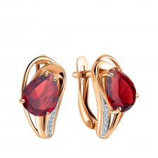 Золотые серьги с гранатом и фианитами с родированием