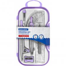 Металлическая готовальня BRAUBERG SCHOOL KIT предназначена для выполнения чертежных работ. Для учеников младших, средних и старших классов.Оба циркуля имеют несгибаемые штанги. Изготовлены из металла, дополнительный цвет элементов – лавандовый.Поставляется в пластиковом пенале с европодвесом.