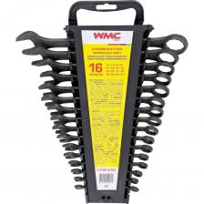 Ключи комбинированные, набор из 16 предметов на пластиковом держателе от бренда WMC TOOLS - самый распространённый и популярный тип гаечного ключа, сочетающий в конструкции рожковый и накидной профили.Удобство использования. Его достоинство – проводить работы в самых труднодоступных местах. Рожковая сторона ключа подходит для работ с крепежом, доступ к которому есть лишь с одной стороны, а накидная часть для проведения работ с высоко нагруженными резьбовыми соединениями. Накидная часть имеет 12 граней.Универсальность. Подходит для ремонта легковых и грузовых автомобилей мототехники, квадроциклов, снегоходов, гидроциклов , спецтехники, садовой техники и прочих слесарно-монтажных работ с болтовым и гаечным крепежом.Качество. Ключи изготовлены из высококачественной хромованадиевой стали, что значительно увеличивает их устойчивость к механическим нагрузкам.Удобство хранения. Набор оснащен удобным пластиковым держателем-переноской. Все ключи имеют собственную нишу и надежно закреплены на держателе. Удобно брать с собой или хранить в автомобиле. Основным преимуществом данного набора является компактность размеров упаковки и сбалансированный состав набора, в который включены только самые необходимые и востребованные размеры.  