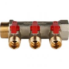 STOUT Коллектор с шаровыми кранами 3/4", 3 отвода 1/2" (красные ручки,арт.SMB 6200 341203)