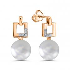 Золотые серьги с бриллиантами и жемчугом с родированием