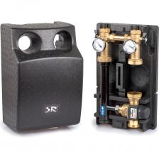 Универсальная группа быстрого монтажа SR Rubinetterie THERMOFIX для обвязки котлов и насосов. Насосная группа предназначена для циркуляции и смешивания теплоносителя в системе отопления, где требуется поддержание постоянной температуры. Поставляется в комплекте с термостатическим смесительным клапаном для поддержания постоянной низкой температуры 20 - 43°С в системах напольного отопления или постоянной высокой температуры 45 - 65°С в системах радиаторного отопления. При установке насоса следует помнить, что установочный размер составляет 130 мм. Электрическое подключение блока рециркуляции зависит от насоса, привода и/или блока климат-контроля. Технические характеристики: Тип: без насоса, с термостатическим смесителем 20 - 43°С, подача справа; Диаметр подключения патрубков гидромодуля: К коллектору G1 1”1/2, К системе G 1”; Номинальное давление: PN6; Температура помещения: T°0 ? +50°C; Рабочая среда: Вода, гликолевые растворы; Максимальный процент гликоля: 30%; DN 20; Kvs 4,5 м3/час; ?T 20-43°C (низкая температура), ?T 45-65°C (высокая температура); Рабочее давление: 10 бар (1.0 Mпa); Макс. перепад давления, смешивание: 0.3 MПa; Tmax 95°C; Соединение - Наружная резьба с плоским уплотнением (ISO 228/1); Материалы - Корпус клапана и другие металлические части, контактирующие с жидкостью: DZR латунь CW 602N, (не подвержена селективной коррозии).