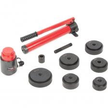 Предназначены для пробивки технологических отверстий в стальных листах. Легкий и простой в эксплуатации - За счет компактности и малого веса удобно использовать непосредственно на месте проведения работ. Набор состоит из ручного насоса, рукава высокого давления 1,5 м и комплекта ударников и кулачков.Технические характеристики:• Усилие 13 тонн;• Ход 25 мм;• Максимальная толщина листа: нержавеющая сталь 1,6 мм, низкоуглеродистая сталь 3,2 мм;• Диапазон пробивки 16-114 мм.