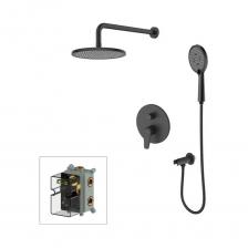 Душевая система Dale на два выхода – готовое решение для комфортного дома, детально продуманное для душевой зоны. С ним не нужно тратить время на поиски отдельных предметов, ведь каждая деталь набора гармонично сочетается между собой. Комплект выполнен в современном дизайне и поддерживает эстетику минимализма: встраиваемый монтажный блок со всеми механизмами скрыт под отделкой, видимыми остаются только элементы управления и душевые аксессуары (ручной и тропический душ), имеющие классические округлые формы. Все это позволяет реализовать понравившиеся дизайнерские решения и вписать сантехнику в любой интерьер.  • Душевую систему можно установить практически в любом удобном месте ванной комнаты, в том числе, на разных стенах. Конструкция и материал стен не имеют значения. А глубина установки регулируется – достаточно срезать выступающие гофрированные края. • Пластиковый бокс защищает устройство подачи воды от внешнего воздействия, что продлевает срок службы душевой системы. • Сантехнику без выступающих деталей проще поддерживать в чистоте. • Подходит для систем с водой высокой температуры (70-80 °С) в трубах. Например, при эксплуатации с газовой колонкой. • Матовое покрытие в черном цвете устойчиво к появлению царапин и выцветанию (при правильном уходе) – такая сантехника дольше сохранит свой первоначальный внешний вид. • В комплекте есть все необходимое для использования сразу после установки: душевой шланг (1,5 м), трехрежимная ручная лейка и тропический душ.