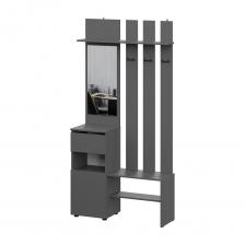 Прихожая Денвер в цвете графит поможет организовать систему хранения гардероба дома. Для удобства предусмотрены двухрожковые крючки для повседневной верхней одежды, широкая верхняя полка для головных уборов и шарфов, ниша для обуви, а также выдвижной ящик. За распашным фасадом находятся небольшие полки. Зеркало позволит оценить внешний вид перед выходом из дома. Вешалка легко крепится к стене, сборка универсальная. Прихожая оснащена шкафом, за распашными дверцами  которого скрыты полки и штанга для одежды. корпус ЛДСП графит серый фасад ЛДСП графит серый скрытая фурнитура направляющие роликовые зеркало фурнитура в комплекте