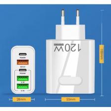 Пятипортовая быстрая зарядка 120W. Сетевое зарядное устройство QUALCOMM 3.0(55АС) 2023 Новинка. PD+QC3.0. 3*USB и 2*Type C. Без кабеля. Цвет белый