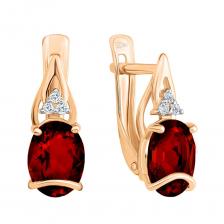 Золотые серьги с гранатом и фианитами с родированием