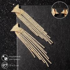 Серьги висячие со стразами «Водопад» бантик, белые в золоте,10 см