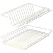 Сушилка для посуды с поддоном в шкаф 50 сантиметров- практичное приспособление для хранения посуды после мытья. Данная сушилка в верхнюю базу 500 мм. Ее конструкция создана таким образом, что позволяет устанавливать тарелки ребром, это способствует быстрому стеканию воды и высыханию посуды. Сушилка для посуды в кухонный шкаф имеет размеры 465х256 мм, 2-х ярусный, встраиваемый и подходит для навесного шкафа. Часто используется как кухонная сушилка, двухуровневая сушка на кухню, Сушилка для посуды в шкаф, посудосушка в шкаф над раковиной. Сушка устанавливается легко всего за несколько минут, прочная, не прогибается, проходит 3 этапа обработки металла и покраски в термической камере, не боится влаги. Максимальная нагрузка на уровень – 7 кг. Преимущества: • Удобная в эксплуатации; • Легко монтируется в закрытый навесной шкаф; • Имеет поддон для сбора воды; • Не боится влаги; Если вы решите купить новый кухонный гарнитур, то сушилку с поддоном всегда можно переставить в новый шкаф.  