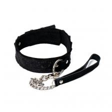 Ошейник из замши с кружевом и поводком цепь черный, XL