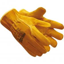 Предназначены для защиты рук общих производственных загрязнений, в том числе для работы со стеклом, кирпичом, металлическим профилем, слоистым пластиком, керамическими изделиями. Обладают стойкостью к истиранию, порезу, проколу, стойкость к контакту с нагретыми поверхностями до 250С Защищают руки от пониженных температур, общих производственных загрязнений и истирания. Для изготовления перчаток используется кожевенный спилок толщиной 1,1 мм, который характеризуется необходимыми теплоизолирующими и износостойкими свойствами. Перчатки имеют мягкую утепленную подкладку из высококачественного искусственного меха, что позволяет комфортно работать в условии пониженных температур. Манжета-крага обработана по краю тесьмой. На тыльной стороне краги имеется эластичная резинка. Перчатки имеют дополнительную антибактериальную пропитку материала. Подходят для использования во II, III и особом климатическом поясе