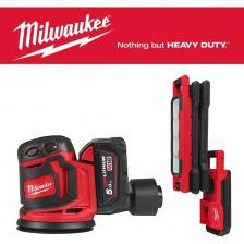 Аккумуляторная эксцентриковая шлифмашина Milwaukee M18 BOS125-502B 4933464229 - универсальный инструмент, который применяется для грубого полирования и шлифования поверхностей. Высокопроизводительный двигатель обеспечивает от 14000 до 24000 кол/мин для быстрого удаления материала. Возможность регулировки скорости позволяет подобрать оптимальный рабочий режим. Система крепления на липучке позволяет легко и быстро менять шлифовальные диски. Инструмент поставляется в практичной сумке, что решает вопрос хранения и транспортировки.   Аккумуляторный светодиодный фонарь Milwaukee с изменяемым углом наклона M18 ABL-0 4933498147 Освещение высокой четкости TRUEVIEW™ с яркостью до 2500 люмен До 12 часов работы от аккумулятора M18 B5 Разработан для нужд специалистов по техническому обслуживанию и ремонту крупногабаритных транспортных средств. 890° горизонтального вращения и 900° вертикального вращения для полной регулировки световой головки 3 режима управления выходом Магнитное основание для крепления со встроенной ручкой для легкого демонтажа Очень прочная и ударопрочная конструкция, выдерживающая падения с высоты до 2 м. Гибкая система аккумуляторов: работает со всеми аккумуляторами MILWAUKEE® M18™