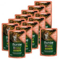 Корм для стерилизованных кошек Monge BWILD Feed the Instinct, беззерновой, с лососем, с креветками, с овощами 12 шт. x 85 г (кусочки в соусе)