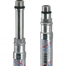 Подводка применяется для подключения сантехнического оборудования в водоснабжении к системе водопровода с периодическим потоком воды. Дополнительное полимерное покрытие защищает от негативного воздействия внешней среды, препятствует образованию конденсата. Длина штуцера для смесителя: 17 мм короткий/40.5 мм длинный. Номинальный поток (при давлении 3 бар.): 33 л/мин. Шланг: EPDM (вулканизированная резина). Внутренний диаметр шланга: 8 мм. Наружный диаметр шланга: 12 мм. Оплетка: нить из нержавеющей стали AISI-304. Толщина нити оплётки: плотность 0.16 мм. Количество нитей оплётки: 8. Гильза обжимная: нержавеющая сталь AISI-304. Прокладка: EPDM (вулканизированная резина). Ниппель: латунь. Гайка, штуцер: никелированная латунь.