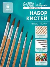 Набор кистей пони 6 штук (круглые:№ 2, 4, 6, 8, 10, 12), с деревянными ручками, на блистере