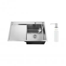 Набор 2 в 1 РМС (кухонная мойка с левым крылом, выполнена из премиальной нержавеющей стали +дозатор врезной). В комплекте: евросифон высокого качества. Металлические элементы изготовлены из нержавеющей стали. Гофра с универсальным выходом 40/50. Цвет: нержавеющая сталь. Размер: 779х509 мм. Глубина: 180 мм. Толщина: 1-3 мм