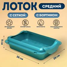 Туалет средний с бортом и сеткой 36x26x9 см, лоток+сетка+борт бирюзовые